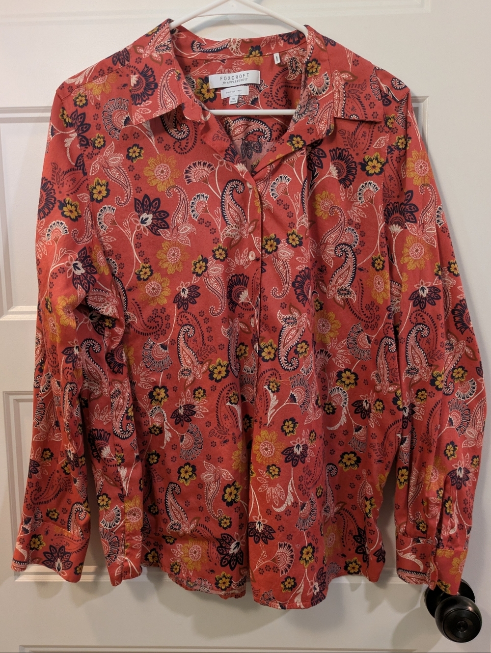 Foxcroft for Appleseed's Coral Paisley Floral Button-Up